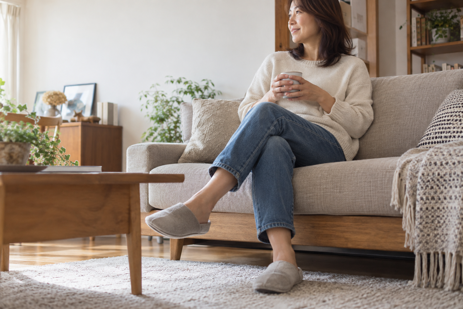 ソファで足を組んで座る女性のイメージ